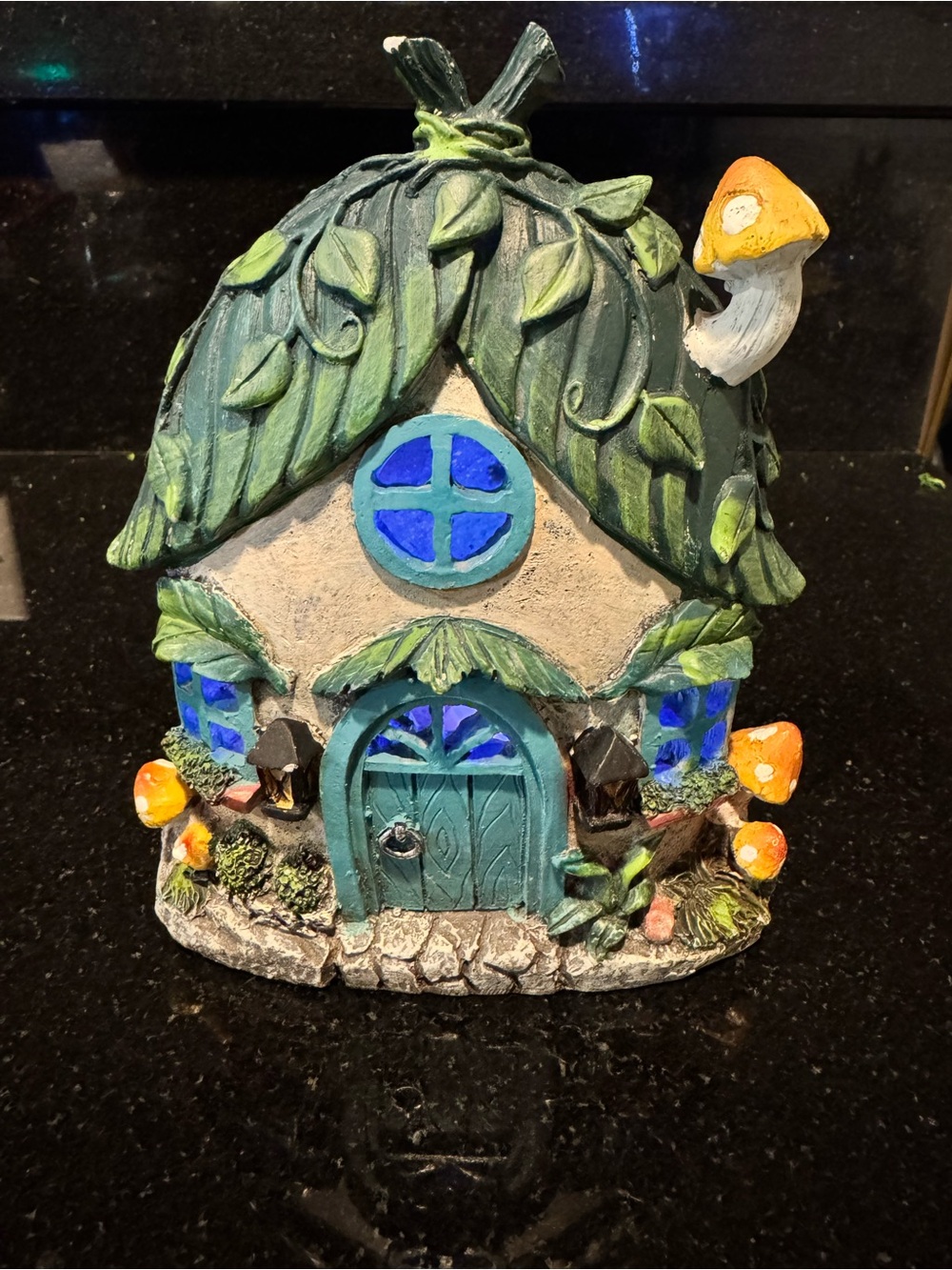 Whimsical Mushroom Fairy Cottage Light - Teal Door, Green Leaf Roof